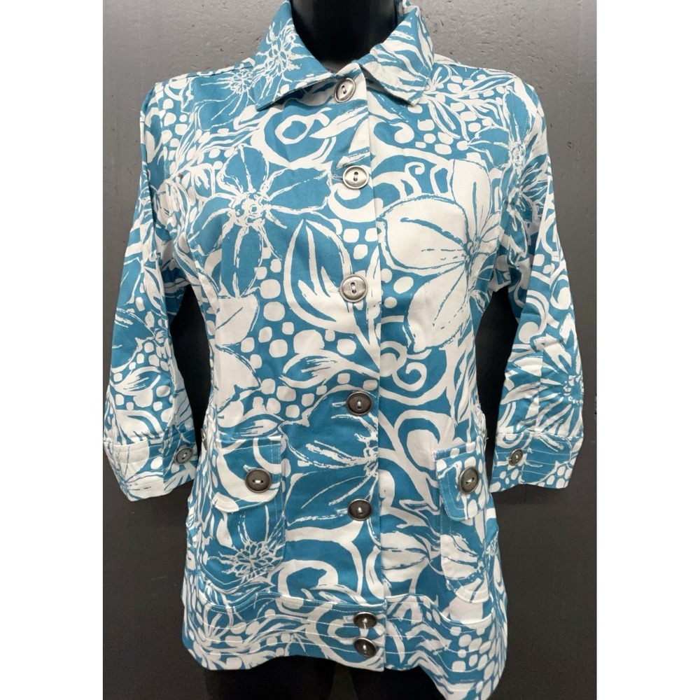 Sportelle Shirt Jacket Women S Aqua Blue Tropical Cotton Coastal Preppy Vacation